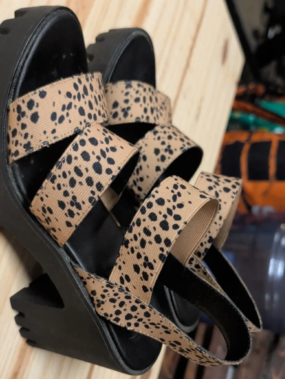 Chunky Platform Sandals in Tan with Black Speckle Straps